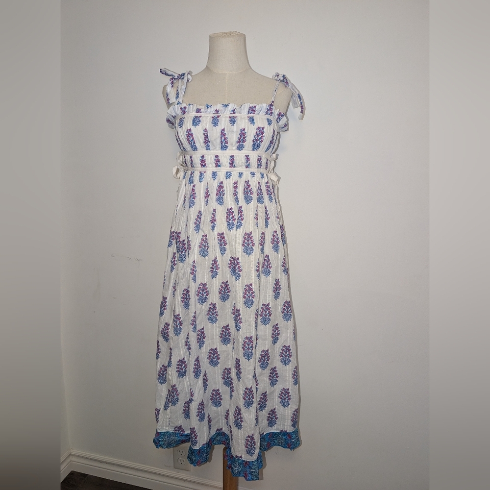 Floral White and Blue Midi Dress With Adjustable Straps